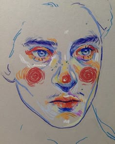 a drawing of a woman's face with colored circles around her eyes and nose