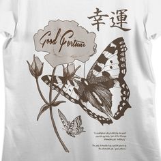 Make any day a lucky day with this women’s short-sleeve tee! The bright white tee features a big monochrome graphic of a butterfly kissing a flower alongside the words “Good Fortune.” The short sleeves and crew neck offer comfort and style that’s perfect for all-day, any-day wear, and since it's crafted from high-quality 100% cotton, this tee ensures a soft and comfortable feel. When it's time for cleaning, simply machine wash it cold and tumble dry low for effortless care. White Butterfly Print Graphic Tee, White Butterfly T-shirt For Summer, Trendy Short Sleeve T-shirt With Butterfly Print, Cute Short Sleeve T-shirt With Butterfly Print, White Cotton T-shirt With Butterfly Print, Delicate Butterfly, Butterfly Graphic, Sleeve Packaging, Butterfly Kisses