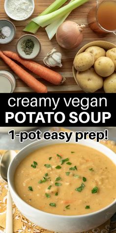 creamy vegan potato soup in a white bowl with carrots and celery