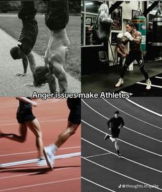 four different pictures with the words anger issues make athletes look like they're running