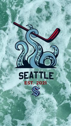 the seattle sea otters logo is shown in red and blue, with an octopus holding a hockey stick