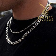 "A Luxury stainless steel cuban link chain 8mm thick. Stylish cuban twist with a nice thickness, perfect for gifting! Available in 16\" - 26\" length, we also have thinner / thicker chains on our page. All of which are safe to wear in water & will not rust. This chain is made using recycled stainless steel chain - Hypoallergenic | no need to worry about fading or irritation - Safe to wear in water this chain will not rush. - Available in Silver, Black or Gold Shop our 10mm Cuban Link Chain versi Cuban Chain Men Silver, Mens Necklace Chain, Thick Silver Necklace, Mens Silver Chain, Cuban Twist, Thick Necklace, Gold Shop