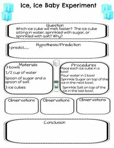 an ice baby experiment is shown in the text below it, which includes instructions for how to