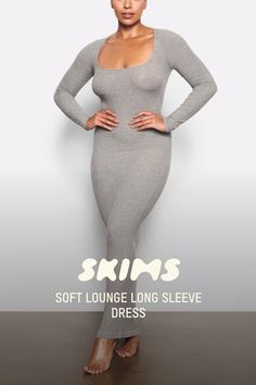 The iconic Soft Lounge dress you know and love, but now with sleeves. Embrace every single one of your curves with its slinky silhouette, ultra-flattering square neckline, and drapey long slip. | SKIMS Long Sleeve Dress | Grey | 2XS | Soft Lounge Soft Lounge Dress, Long Slip, Summer Inspo, Lounge Dress, Black Long Sleeve Dress, Black Xs, Square Necklines, Gray Dress, Black Media