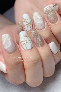 Nude And Shiny Beach Nails Tropical Nail Designs, Palm Nails