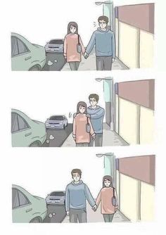 two people holding hands while standing in front of a car and another person walking down the street