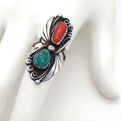 (eBay) Navajo Blossom Ring Coral Turquoise Sterling Silver Signed Turquoise Jewelry Native American, Turquoise And Coral, Coral Stone, Blossom Design, Watch Chain, Turquoise Rings, Blue Band, Coral Turquoise, Bar Necklace