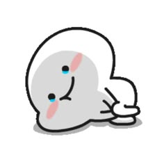 an image of a white ghost with blue eyes and pink ears sitting on the ground