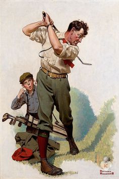 an illustration of a man hitting a ball with a golf club and another man holding a baseball bat