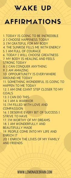 a poster with the words wake up affirmations written in black and yellow on it