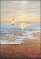 an oil painting of a sailboat on the ocean with waves coming in to shore