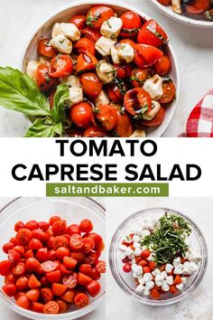 tomato caprese salad with mozzarella cheese and fresh basil in the middle