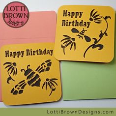 two yellow and green birthday cards with the words happy birthday written in black on them