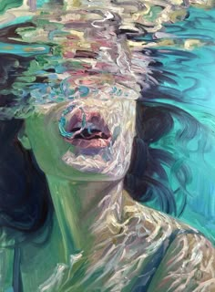 a painting of a woman with her mouth open under the water's surface, looking like she is floating