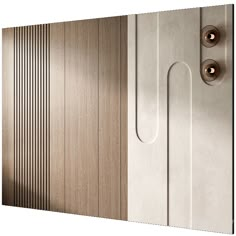 two doors with handles and knobs are shown in front of a white wall that has wood paneling on it