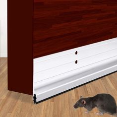 a mouse is standing in front of a door with wood paneling on the floor