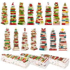 christmas books are stacked on top of each other and decorated with bows, stars, and ornaments