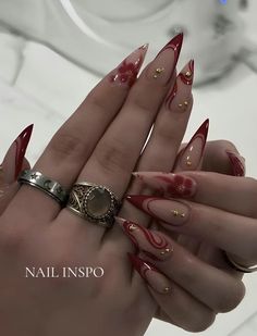 Burgundy Nail French Tip, Nail Designs Unique Different, Red French Tip Nails Almond With Rhinestones, French Tip Acrylic Nails Winter, Holiday Stiletto Nails, Ring Curation, Winter Burgundy Nails, Kitsune Nails, Burgundy Nail Designs Almond