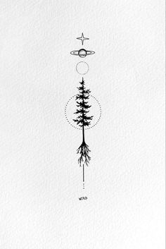 a black and white drawing of trees with an airplane in the sky above them on paper