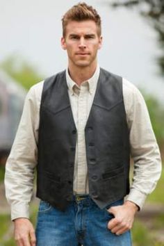 Men's Creed Western Lambskin Leather Vest (Big/Tall) By Overland Sheepskin Co, http://www.overland.com/Products/CoatsJackets-415/OtherOuterwear-6100/MensLargeTallSizes-484/MensCreedWesternLambskinLeatherVest(BigTall)/PID-23543.aspx?WT.mc_id=00007 Groomsmen In Jeans, Grooms Dress, Mens Wear Wedding, Western Vest, Western Apparel, Vest And Tie, Jeans Shirt, Shirt Vest, Western Leather