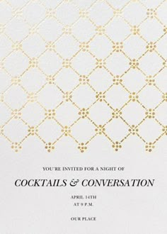 a white and gold wedding card with the words cocktails and conversation on it's front