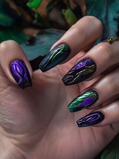 55+ Creative Maleficent Nail Designs and Ideas | Sarah Scoop Malificent Nail Design Simple, Maleficent Nail Art, Disney Villian Nail Art, Disney Villain Nail Art, Nails Design Ideas, Hacks Beauty, Nails Green