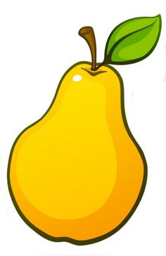 an image of a yellow pear with green leaves on it's tip and bottom