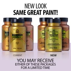 three bottles of gold paint with the words new look same great paint you may receive either of these packages for a limited time