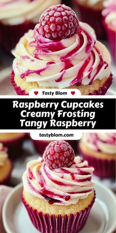 raspberry cupcakes with cream frosting on top