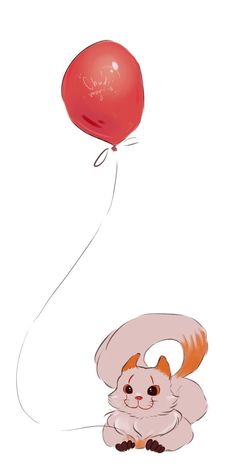 a drawing of a cat with a red balloon attached to it's tail, sitting on the ground