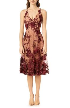 A lavish garden scene is embroidered all over this figure-flaunting dress topped with a slim, plunging bodice and finished with a breezy, flared skirt. 44" length (size Medium) Hidden back-zip closure Plunging V-neck Sleeveless Lined 100% nylon Dry clean or hand wash, line dry Imported Designer Summer Dresses, Figure Flattering Dresses, Audrey Dress, Chiffon Sleeves, Fall Wedding Guest Dress, Mermaid Gown, Dress The Population, Lush Garden, Flared Skirt