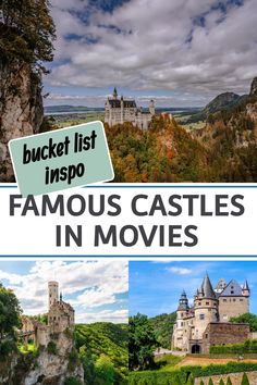 Bucket list inspiration featuring famous castles in movies against scenic landscapes.