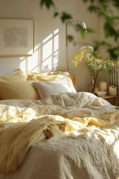 an unmade bed with white sheets and yellow linens in front of a window