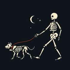 a skeleton walking a dog on a leash