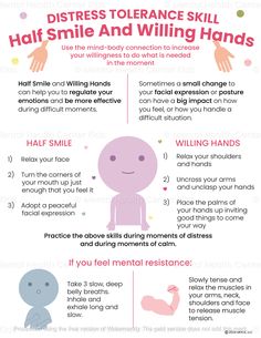 DBT Half Smile And Willing Hands (PDF) – Mental Health Center Kids Half Smile Willing Hands Dbt, Dbt For Elementary School, Dbt Group Mindfulness Activities, Dbt Give Skill, Child Mental Health, Distress Tolerance Skills, Half Smile, Dbt Therapy, Mental Health Center