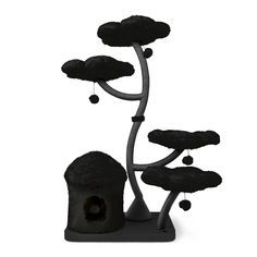 a black cat tree with balls hanging from it's branches