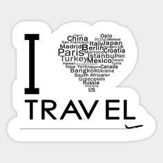 the word travel written in different languages on a white sticker with black and gray lettering