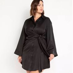 Nwt Eloquii Black Satin Shirt Dress Size 28 New With Tags Black Satin Shirt, Dresses Materials, Eloquii Dress, Long Sleeve Ruffle Dress, Satin Shirt Dress, Black Linen Dress, Green Velvet Dress, V Neck Midi Dress, Short Sleeve Mini Dress