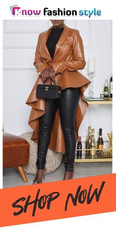 Brown Fashion Casual Solid With Belt Asymmetrical Turndown Collar Outerwear Long Denim Coat, Fashion Mark, Long Outerwear, Asymmetrical Coat, Elegant Jacket, Fall Attire, Pu Leather Jacket