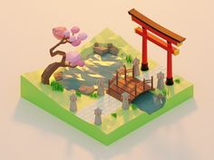 Low Poly - Spring in Japan 3d Island, Japan Building, Spring In Japan, Mont Fuji, Isometric Illustration