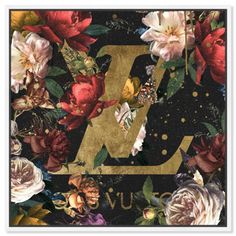 the letter k is surrounded by flowers and gold dots on a black background with white polka dots