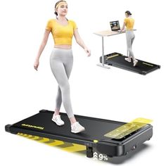 a woman standing on top of a treadmill while using her phone and laptop computer