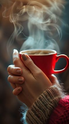 a woman holding a cup of coffee with steam rising out of it's top