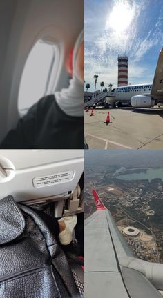 the view from inside an airplane looking out at another plane