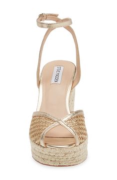 Party season is calling in this espadrille-inspired sandal set upon a comfortable jute-wrapped platform perfect for a night spent dancing. Adjustable ankle strap with buckle closure Leather upper/synthetic lining and sole Imported Steve Madden Sandals, Strap Sandals Women, Sandal Women, Ankle Strap Sandals, Wedge Sandals, Steve Madden, Ankle Strap, Espadrilles, Dancing