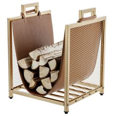 a stack of firewood in a metal holder with wood logs stacked inside the basket