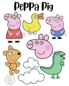 peppa pig clipart set with different cartoon animals and their names in black and white