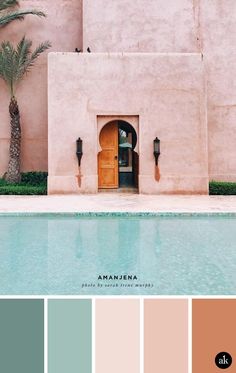 the color scheme for this house is peach, blue, and green with an orange door