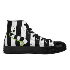 Take your style game to the next level with the Beetlejuice Sandworm High Top Canvas Sneakers from TimeElements.shop. Inspired by the cult classic film, these sneakers feature a modern, bold design that expresses your love for the spooky and unconventional. Crafted with quality materials, the boots are comfortable and and long-lasting, making them ideal for everyday wear. With their unique, edgy style, you will make a statement wherever you go - be it a concert or just out on the town. Make sure Beetlejuice Converse, Canvas Sneakers Womens, Beetlejuice Sandworm, Cult Classic Movies, Beetlejuice Movie, Shoes Drawing, Boyfriend Style, Shoe Pattern, Canvas Sneakers