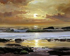 an oil painting of the sun setting over the ocean with rocks in the foreground